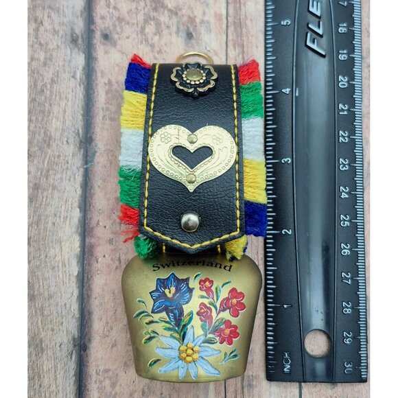 Vintage Swiss Cow Bell Switzerland Souvenir Floral Brass Tone Cowbell With Strap - Picture 6 of 6